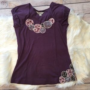 Ric-Rac purple quilt appliqué cap sleeve shirt S